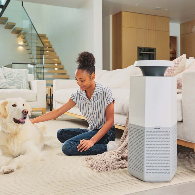 Girl relaxing with her dog while a Puraclenz Core air purifier for allergies quietly cleans the living-room air