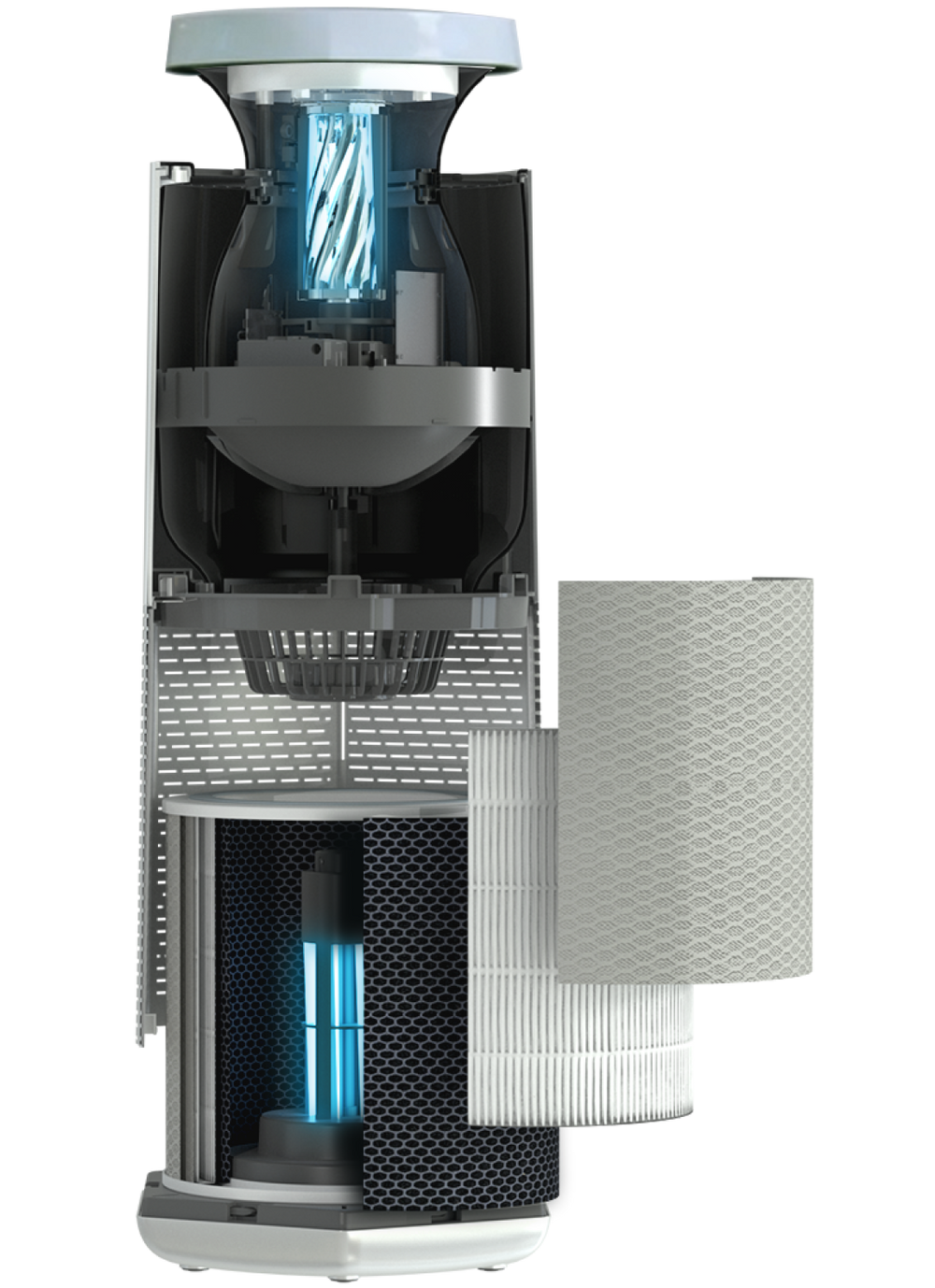 Cutaway view of Puraclenz Core air purifier showing ionic PCO cell and HEPA filter working together to reduce mold, allergens, dust, and smoke for cleaner whole home air