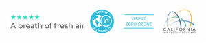 Certification graphic showing “A breath of fresh air,” 5-star rating, Intertek sustainability certification, Zero Ozone verification, and California Air Resources Board (CARB) logo — emphasizing product compliance and eco-friendly performance.