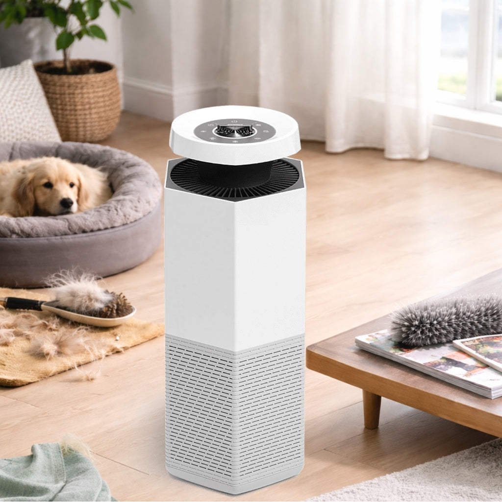 Pet hair and dander scattered in living room with dog resting in bed, illustrating indoor pet allergen buildup on floor and furniture, Puraclenz Core.