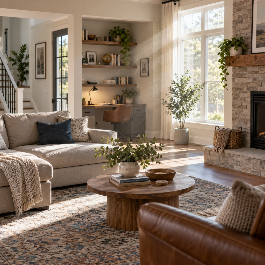 Airborne particles visible in a sunlit American living room with a home study area