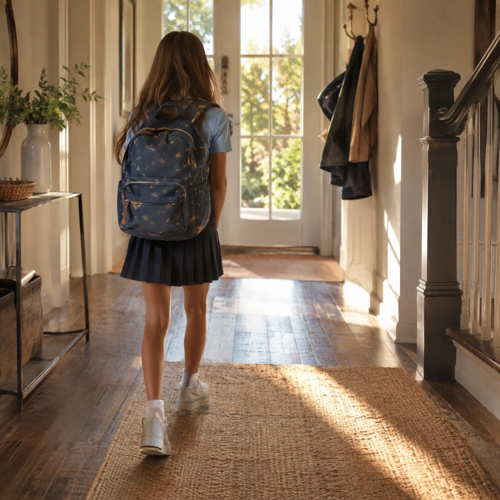 Child returning home from school with a backpack in a sunlit entryway, illustrating airborne germs during back-to-school season.