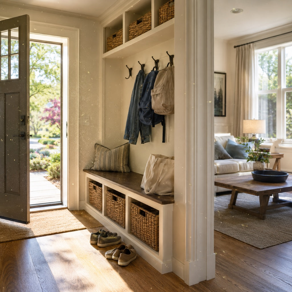 Sunlit American home entryway with backpacks, shoes, and visible pollen particles entering through an open front door.