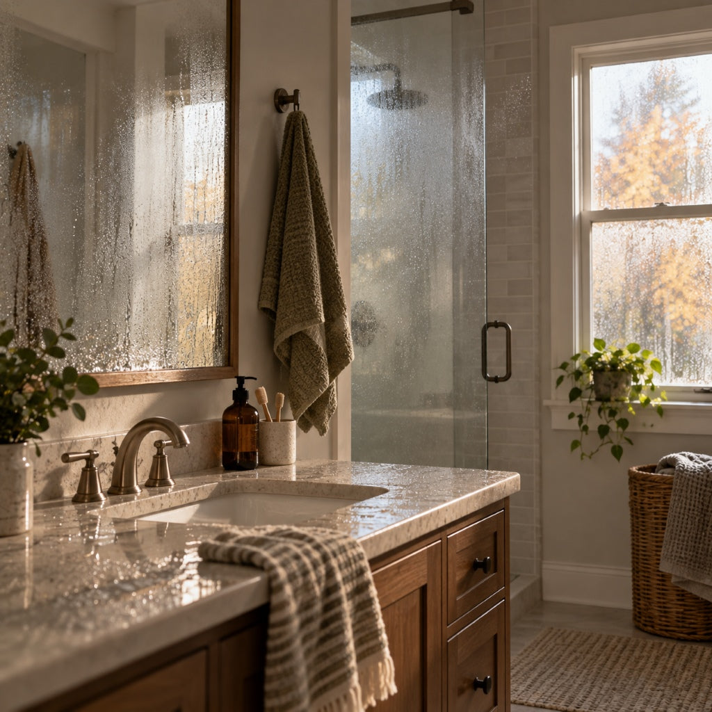 Condensation and excess humidity in a bathroom with moisture on windows and shower glass