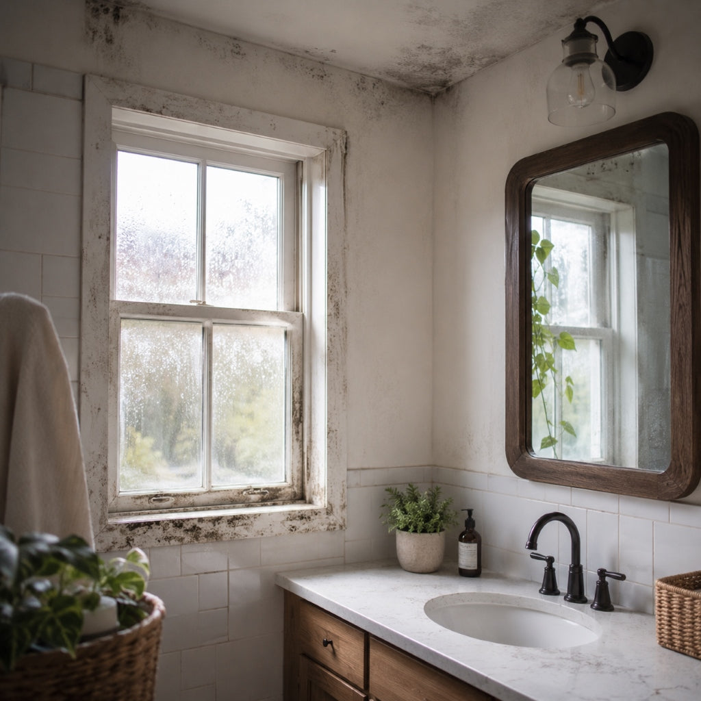 Bathroom with visible mold around a damp window and ceiling caused by excess moisture