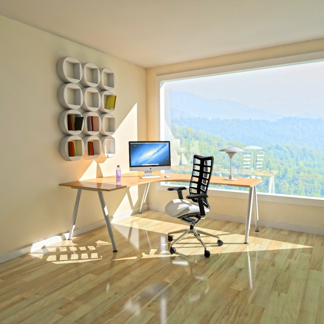 Sunlit modern home office with desk, swivel chair, large window, indoor plant, and mountain view.