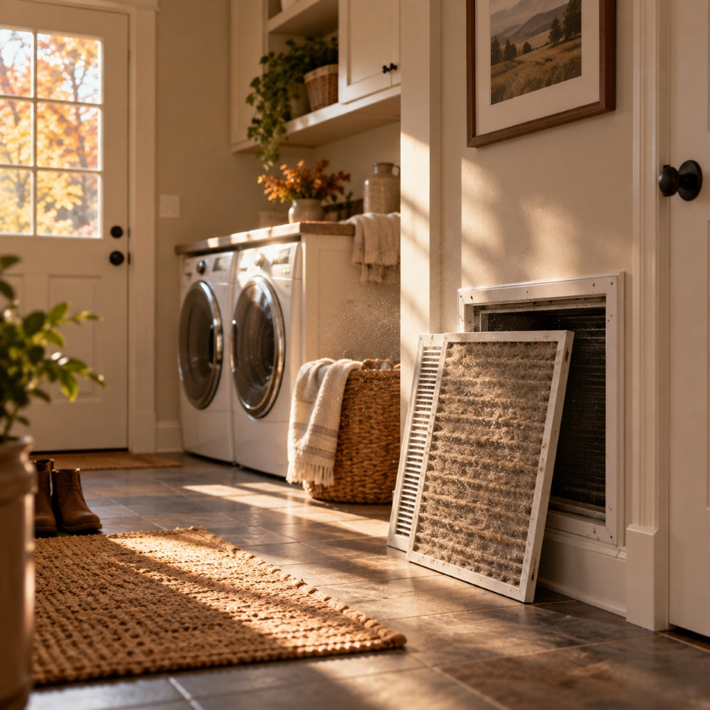 Clogged HVAC filter in a residential laundry room showing dust buildup that can reduce filtration and indoor air quality.