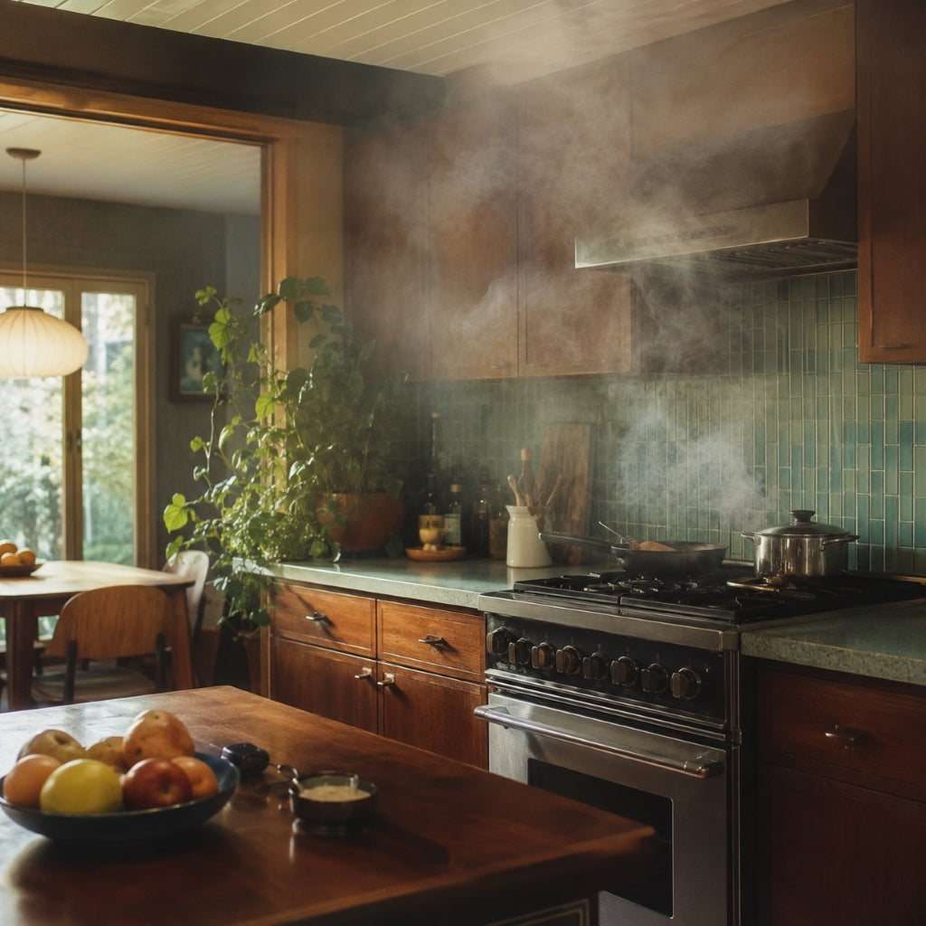 Cooking smoke and fine airborne particles lingering around a stove in a home kitchen.