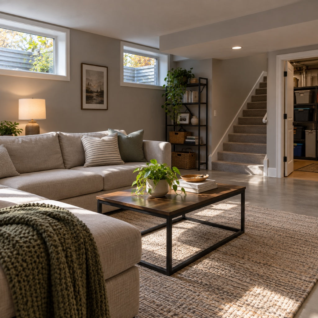 Sunlit American living room with visible dust particles in the air, upholstered seating, wood furniture, and indoor plants