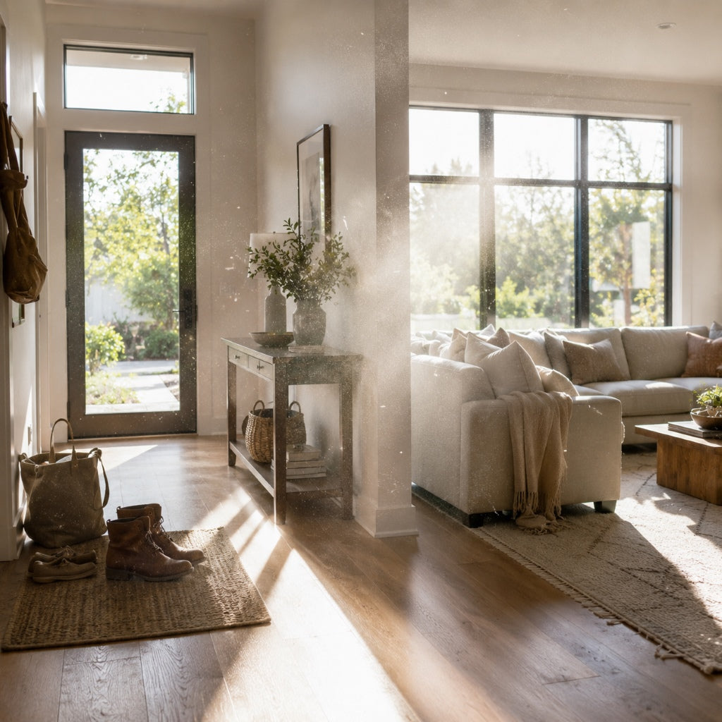 Dust and seasonal allergens floating in sunlight inside an open-concept living room and entryway