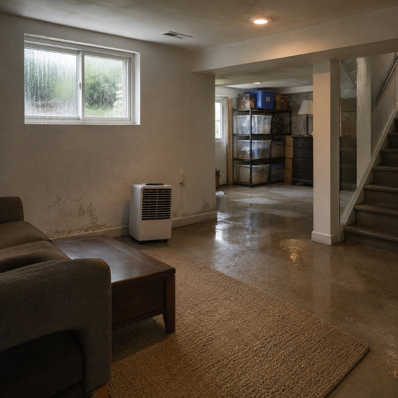 Damp finished basement with condensation on windows and moisture buildup from excess indoor humidity