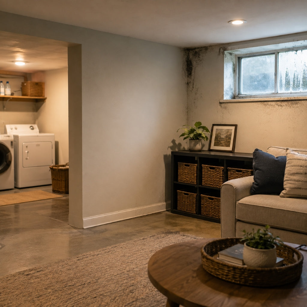 Finished basement with excess moisture, condensation, and visible mold growth near a window