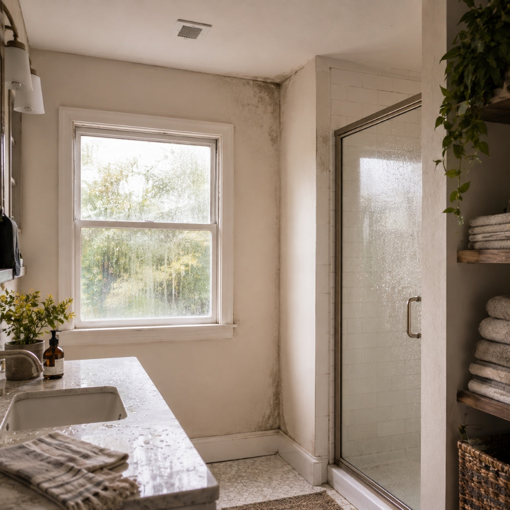 Bathroom with excess moisture, condensation and mold growth affecting indoor air quality