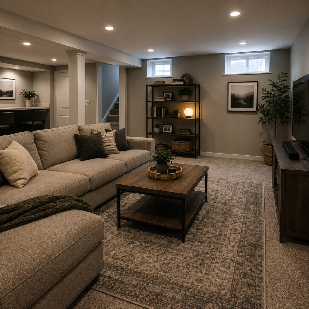 Furnished basement living room with limited natural ventilation and small windows, illustrating reduced air exchange and indoor air quality concerns.