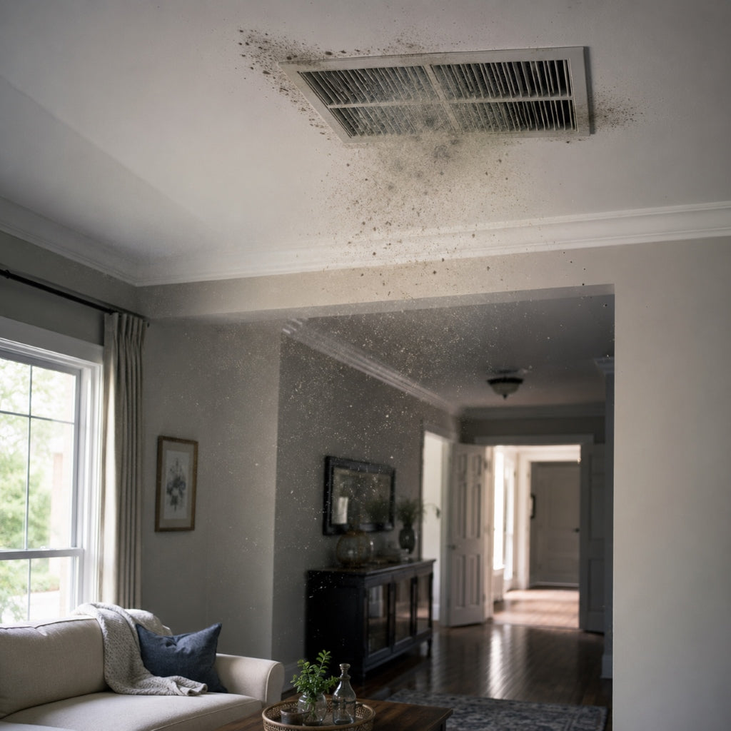 Mold spores and airborne particles circulating from a contaminated HVAC ceiling vent into a living room.