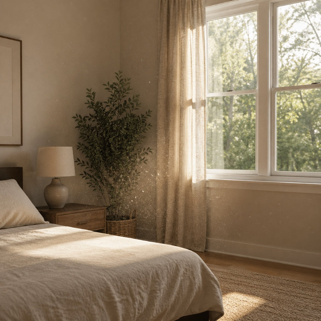 Sunlight revealing dust and airborne allergens in a bedroom showing indoor air quality and pollen exposure indoors