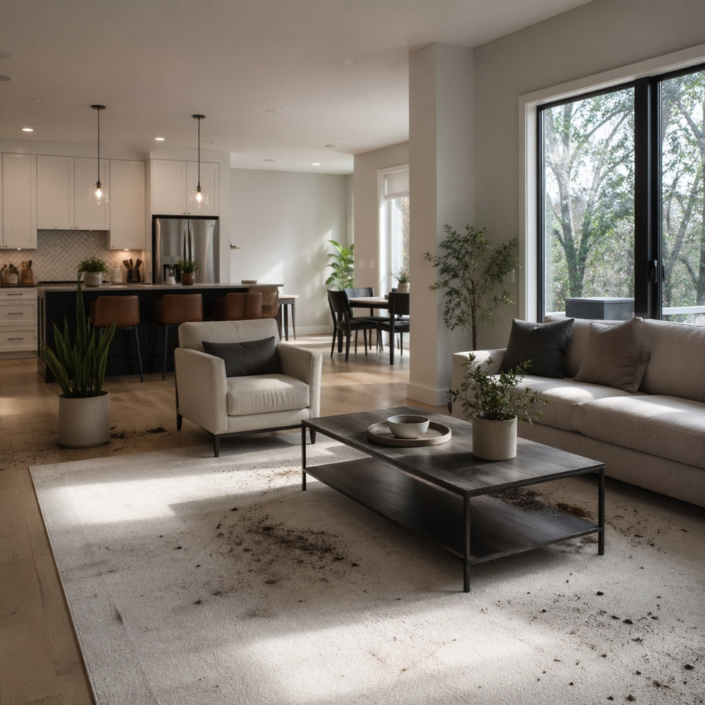 Modern American living room showing dust and allergen buildup affecting indoor air quality