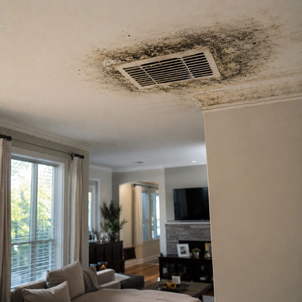 Black mold growing around a ceiling air conditioning vent showing indoor air quality and HVAC moisture issues.
