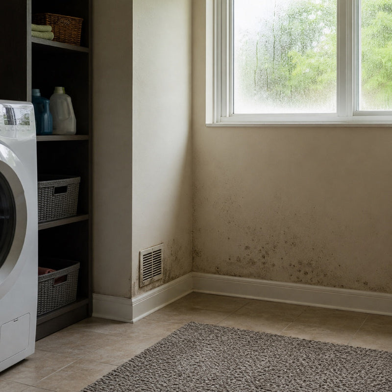Laundry room wall with mold growth from humidity and moisture affecting indoor air quality