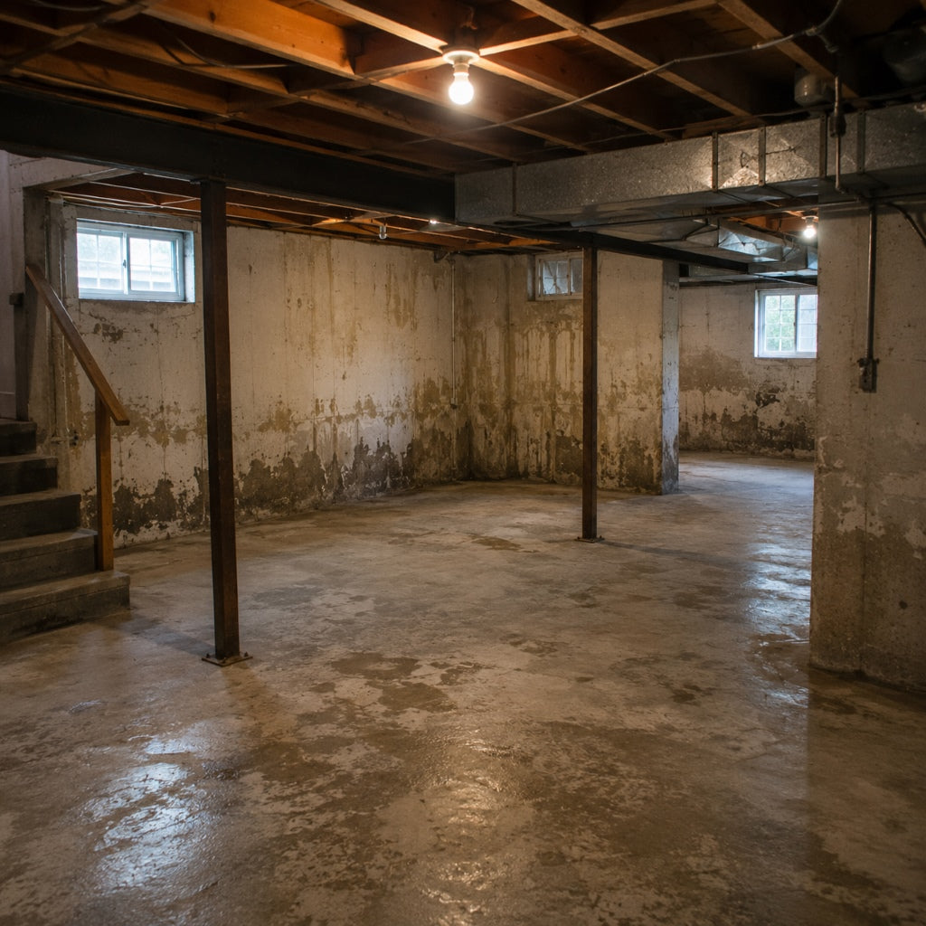 Unfinished basement with damp walls and moisture contributing to musty indoor air
