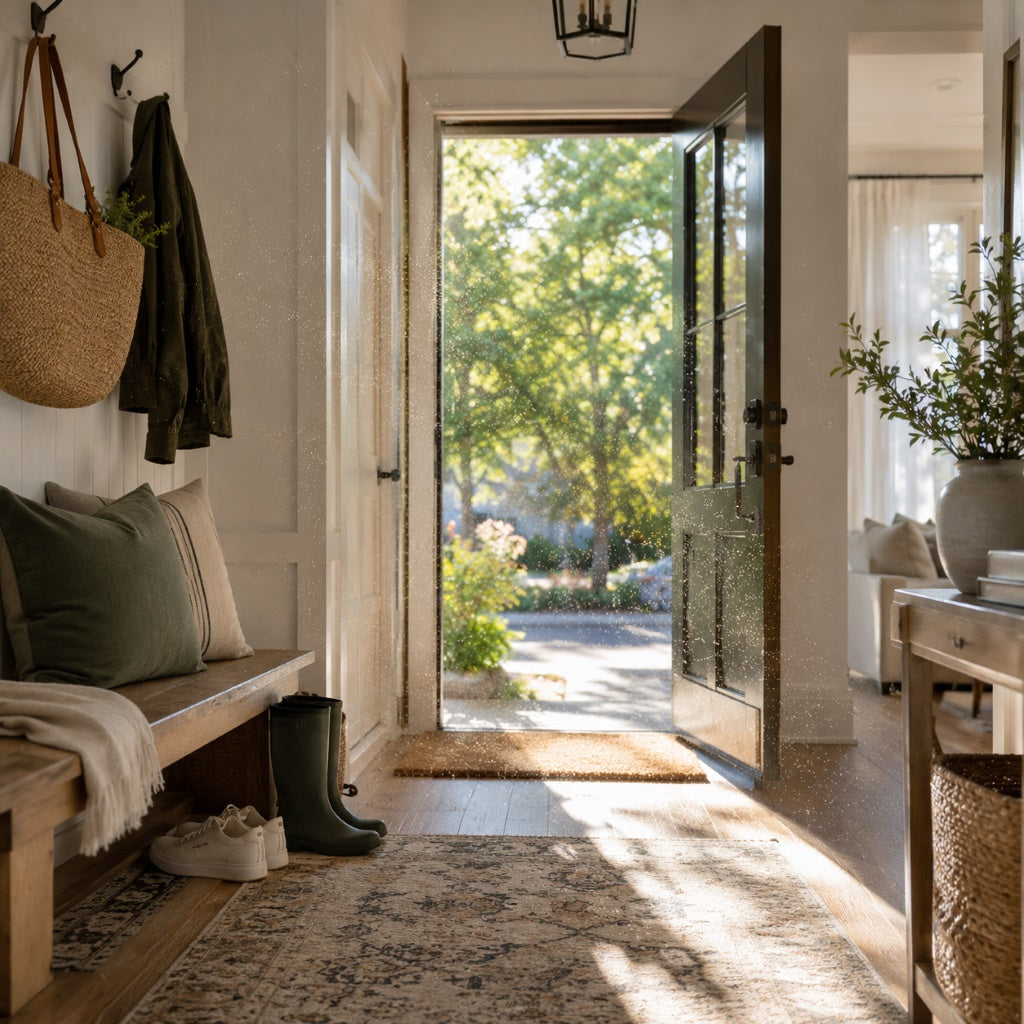 Sunlit entryway with open front door showing outdoor dust and pollen entering the home