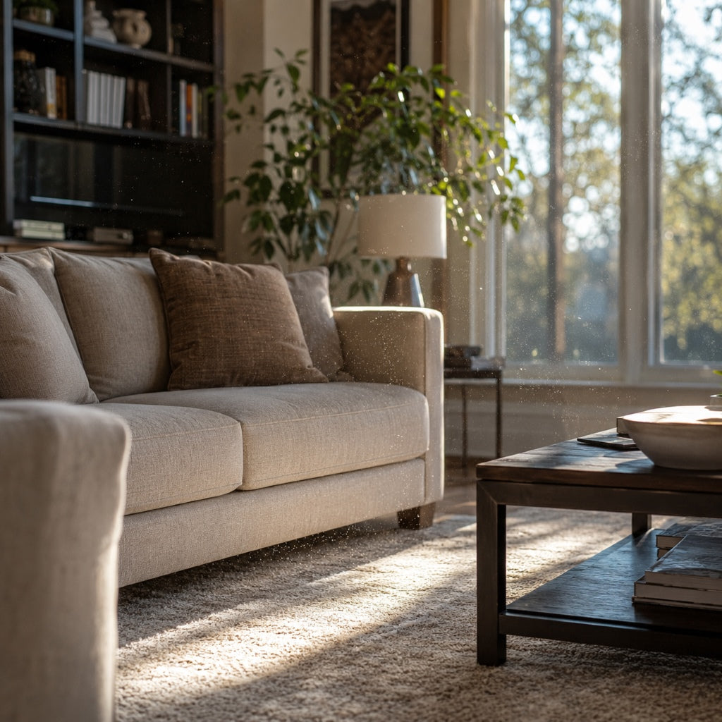 Sunlit modern living room with visible airborne pet dander and allergens near sofa and rug