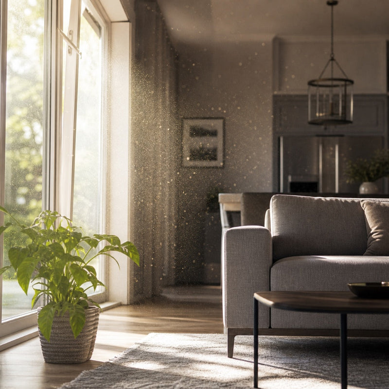 Outdoor pollen entering a modern American home through sunlight in a living room, showing airborne particles indoors
