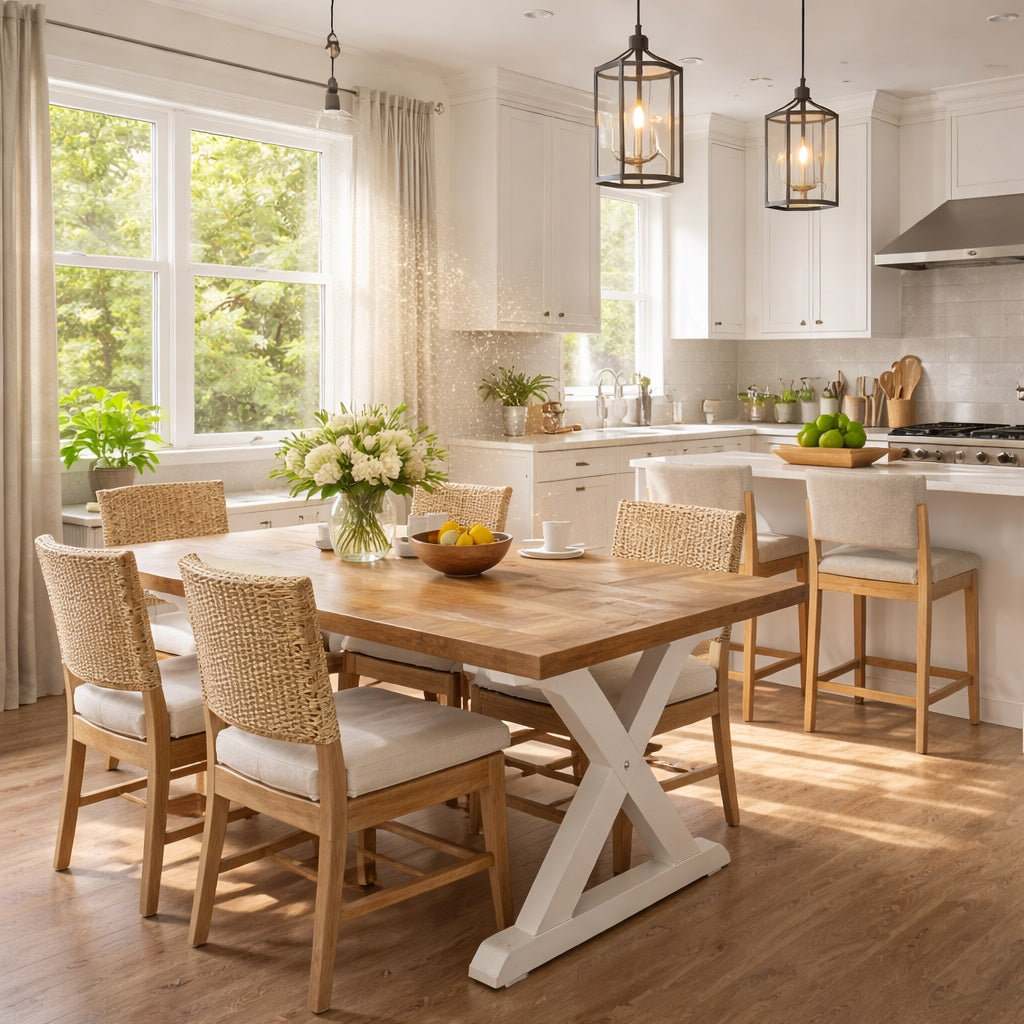 Pollen particles floating in a sunlit kitchen and dining area showing indoor air quality during allergy season