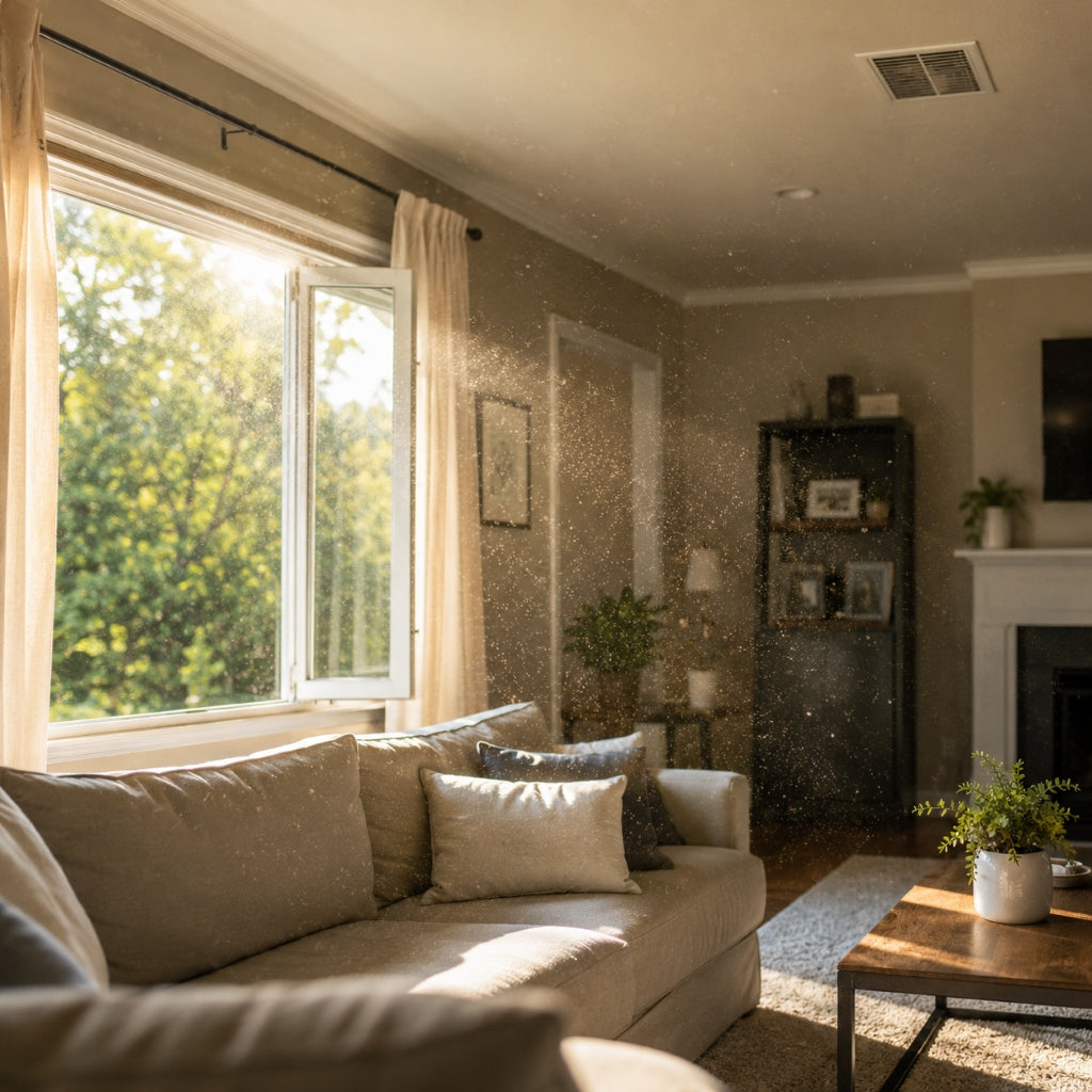 Pollen particles entering through an open window and circulating inside a sunlit living room