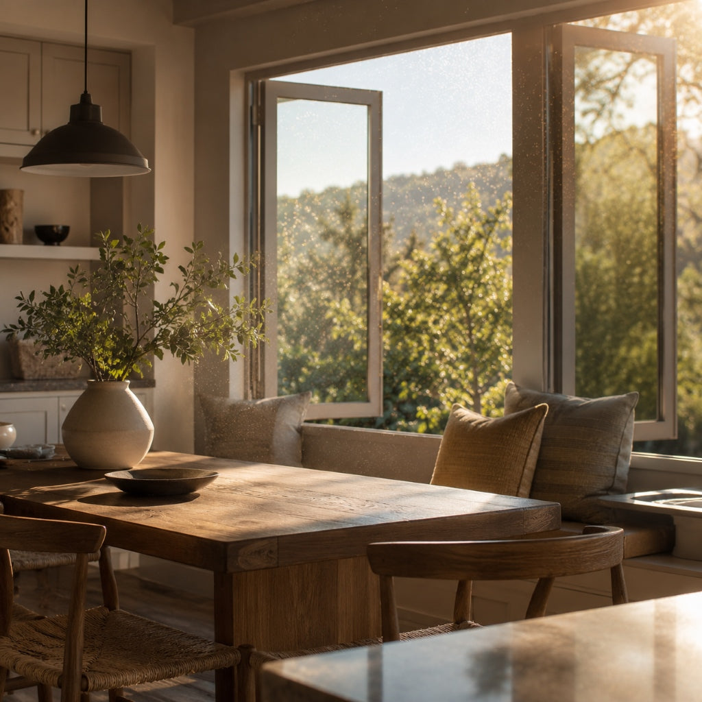 Pollen and outdoor particles drifting into a sunlit dining area through open windows.