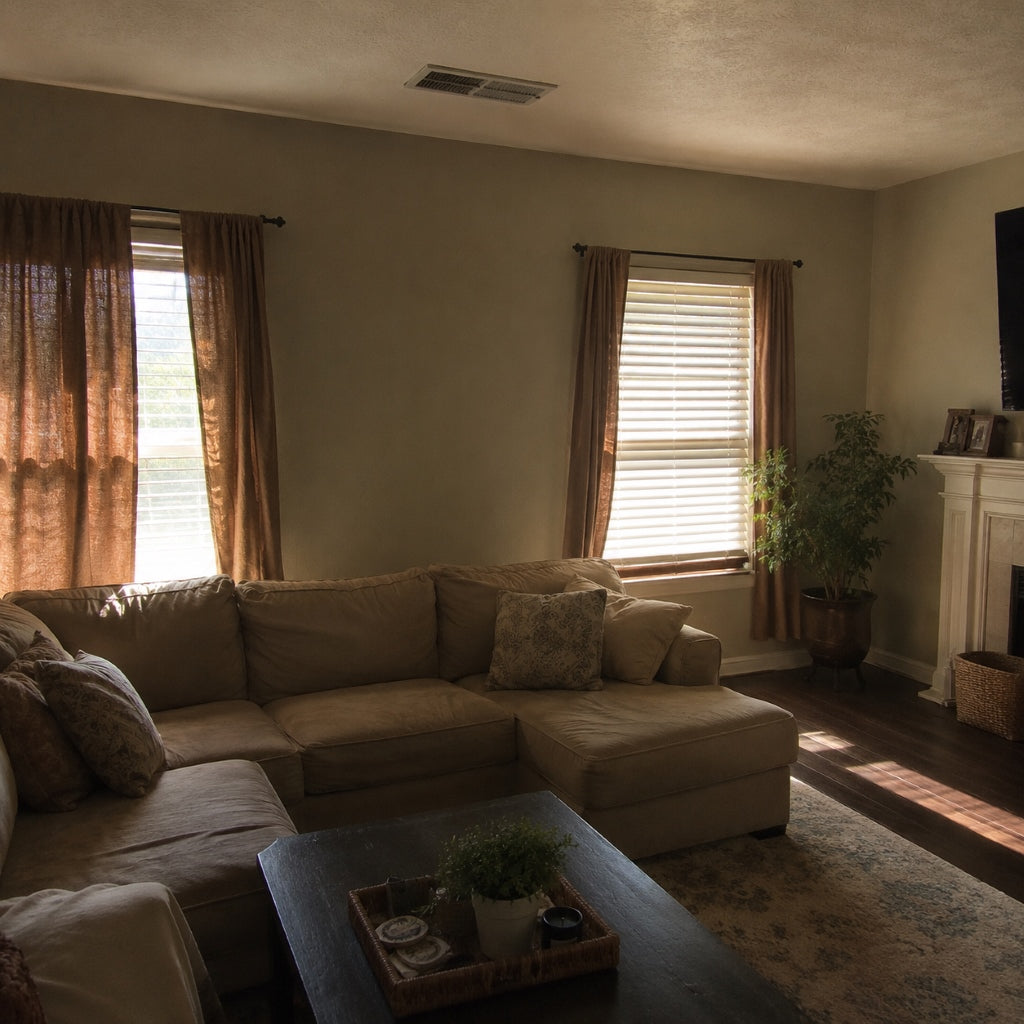Living room with closed windows and ceiling vent showing poor HVAC airflow and indoor air circulation during summer
