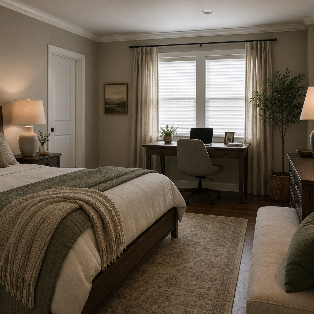 American bedroom and home office with closed windows illustrating poor ventilation and reduced indoor air exchange.