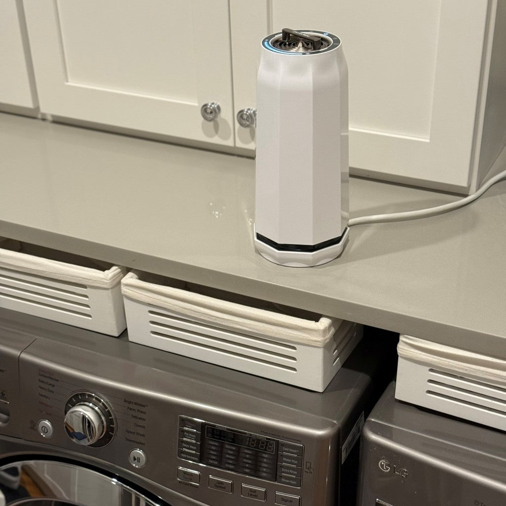 Puraclenz Photon purifier placed on a laundry room counter above a front-load washer to help reduce mold growth in washing machines