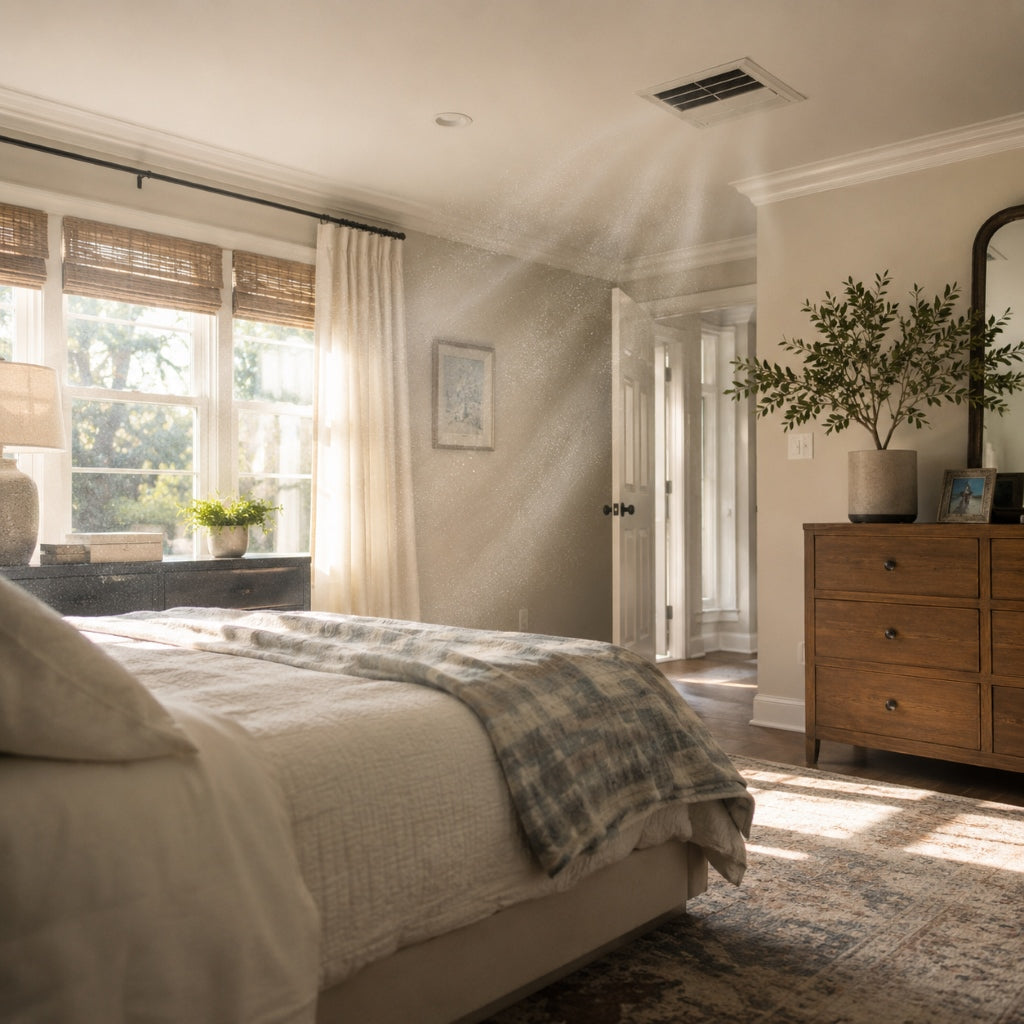Sunlit bedroom with visible air vent and airborne particles showing recirculated indoor pollutants from heavy AC use