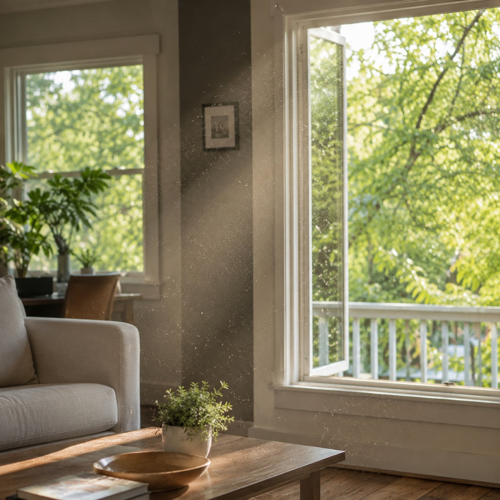 Sunlit living room with seasonal allergens drifting indoors through an open window.