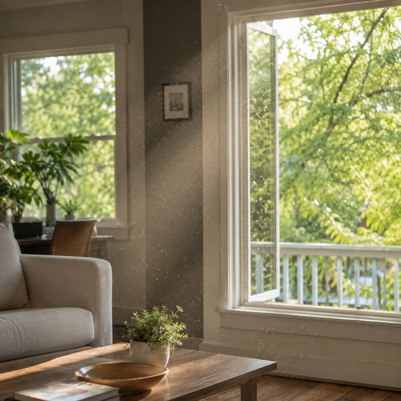 Sunlit living room with seasonal allergens drifting indoors through an open window.