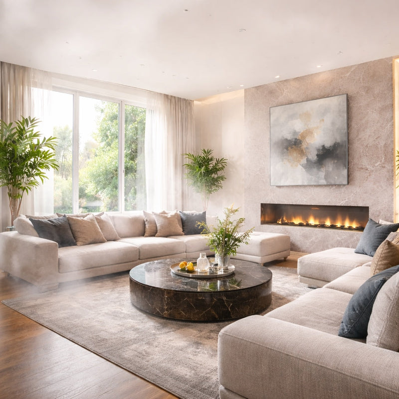 Bright modern living room with light smoke haze after wildfires, showing lingering indoor air quality issues and smoke odors