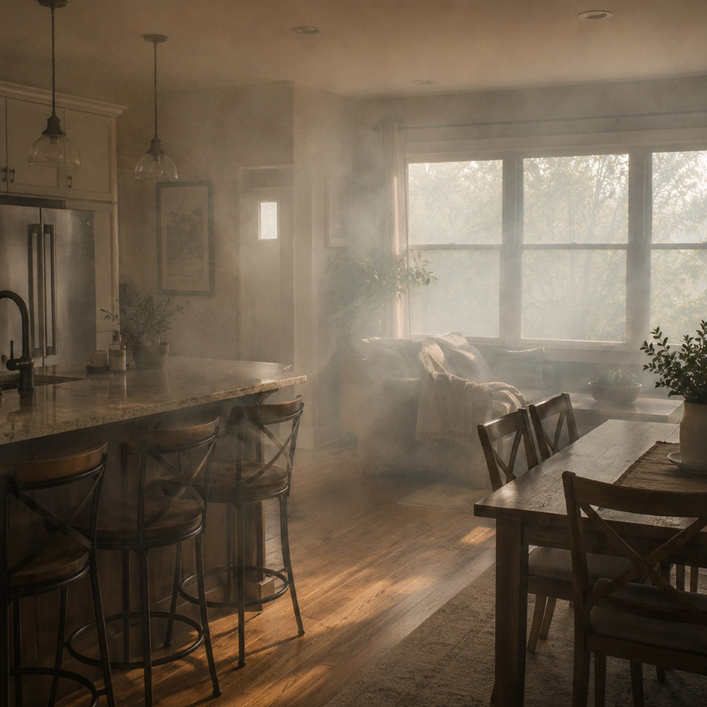 Smoke haze in a kitchen and dining area illustrating smoke odors and gaseous pollutants affecting indoor air quality