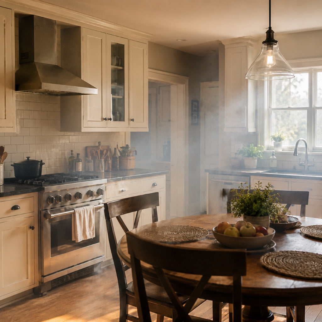 Sunlit kitchen with lingering smoke haze showing smoke odors and household odors affecting indoor air quality
