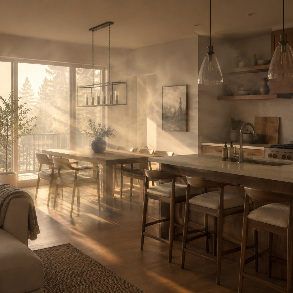 Smoke odors and VOCs lingering in a sunlit modern kitchen and dining room