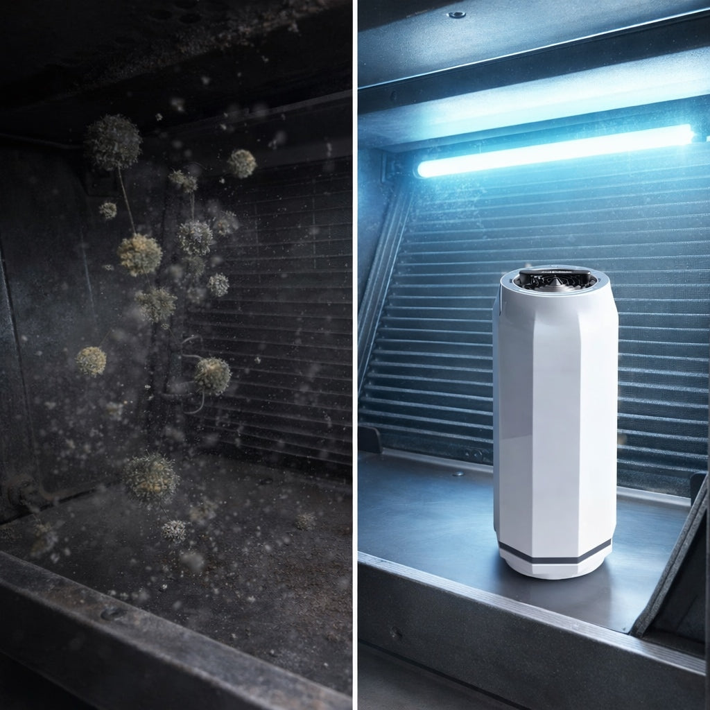 Split image showing mold spores inside an HVAC system on the left and a clean HVAC system with UV light and Puraclenz air purifier on the right.