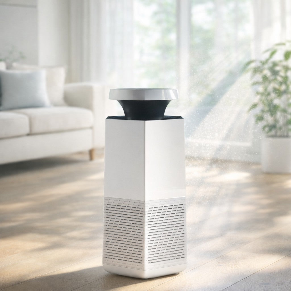 Puraclenz Core air purifier in a bright home interior with sunlight streaming through windows revealing airborne pollutants in the room