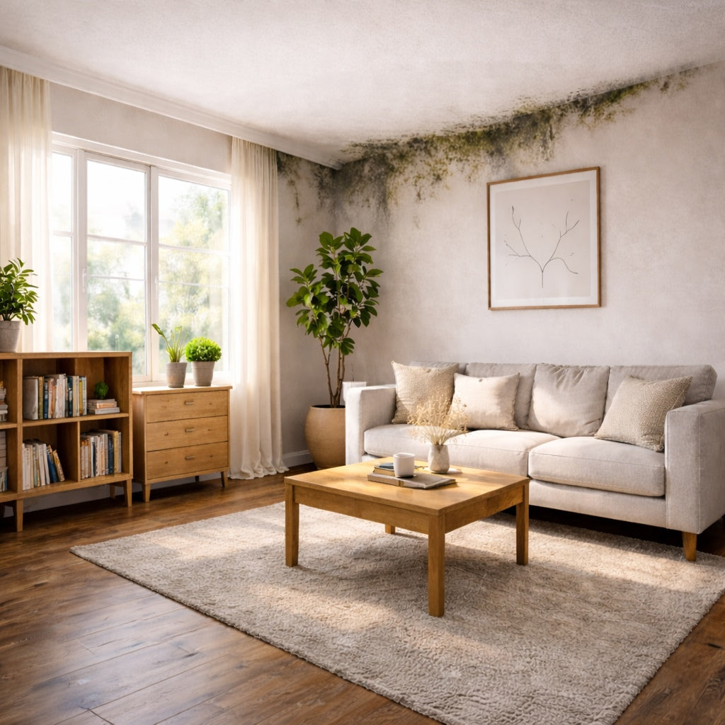 Mold growing near the ceiling in a bright living room in an otherwise dry home