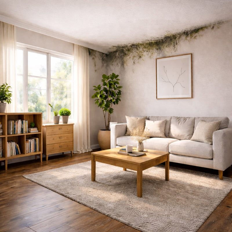Mold growing near the ceiling in a bright living room in an otherwise dry home