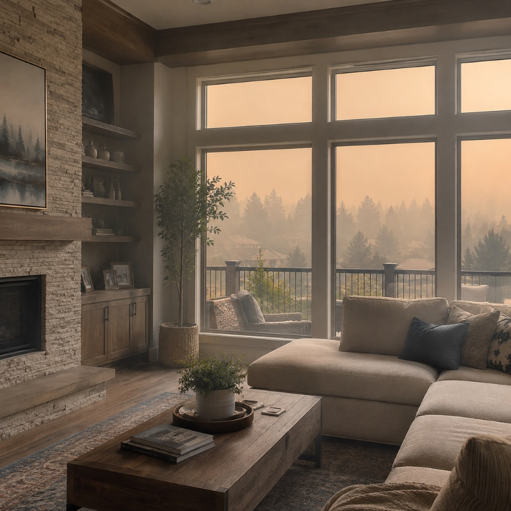 Wildfire smoke and PM2.5 visible outside a modern American home with smoke haze near the windows