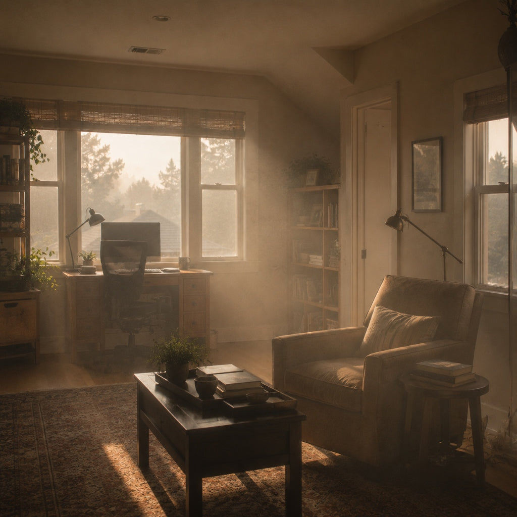 Sunlit American home office with wildfire smoke haze and trapped indoor air pollution