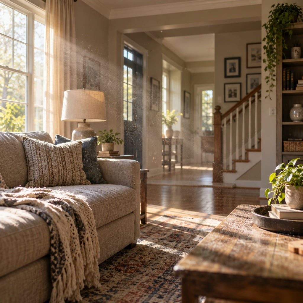 Sunlight reveals airborne dust and allergens in a cozy living room, highlighting the importance of improving indoor air quality during winter.