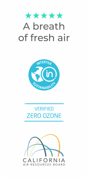 Certification graphic showing “A breath of fresh air,” 5-star rating, Intertek sustainability certification, Zero Ozone verification, and California Air Resources Board (CARB) logo — emphasizing product compliance and eco-friendly performance.